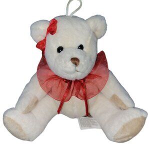 Teddy Bear 7 inch Plush White Red Bow Collar Hanging Stuffed Animal Toy